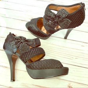 Poetic Licence Black Satin Jewel Bow Heels 8.5
